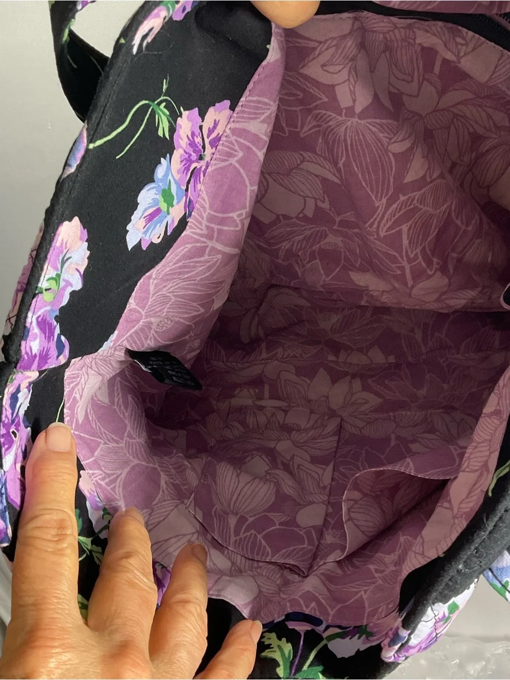 Quilted Floral Tote Bag in Black with Purple Flowers